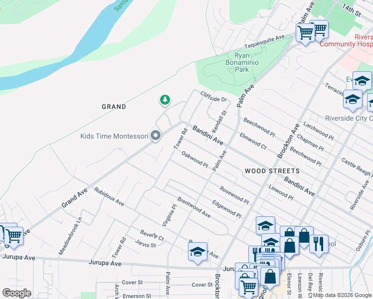 map of restaurants, bars, coffee shops, grocery stores, and more near 4705 Oakwood Place in Riverside