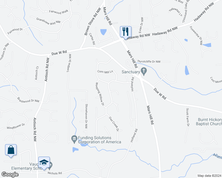 map of restaurants, bars, coffee shops, grocery stores, and more near 626 Owl Creek Drive in Powder Springs
