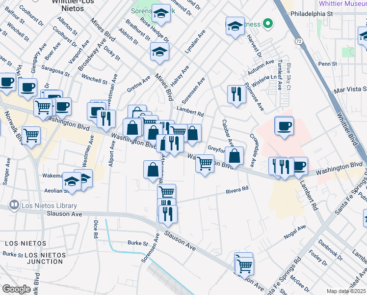 map of restaurants, bars, coffee shops, grocery stores, and more near 11841 Washington Boulevard in Whittier