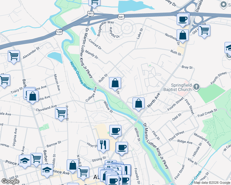 map of restaurants, bars, coffee shops, grocery stores, and more near 115 Ruth Drive in Athens