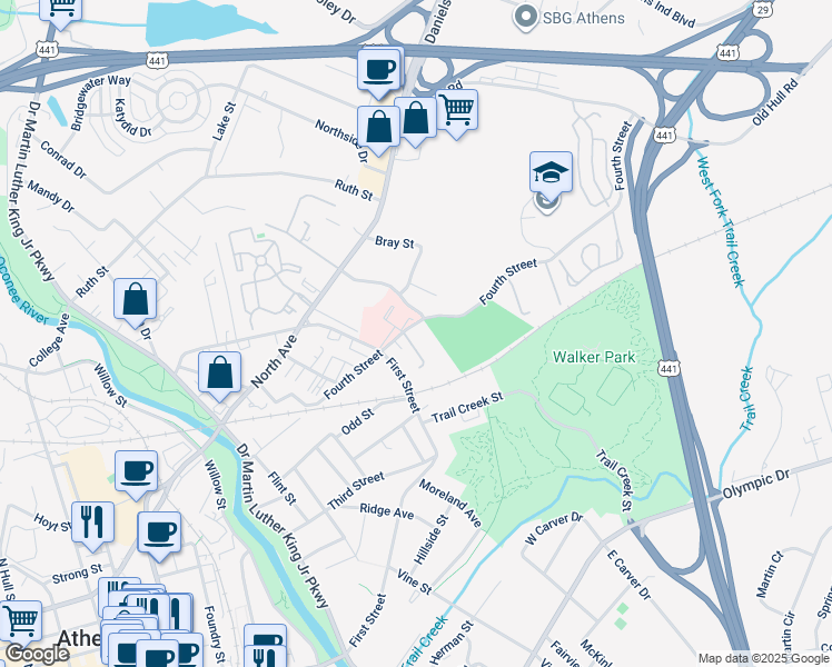 map of restaurants, bars, coffee shops, grocery stores, and more near 530 Fourth Street in Athens