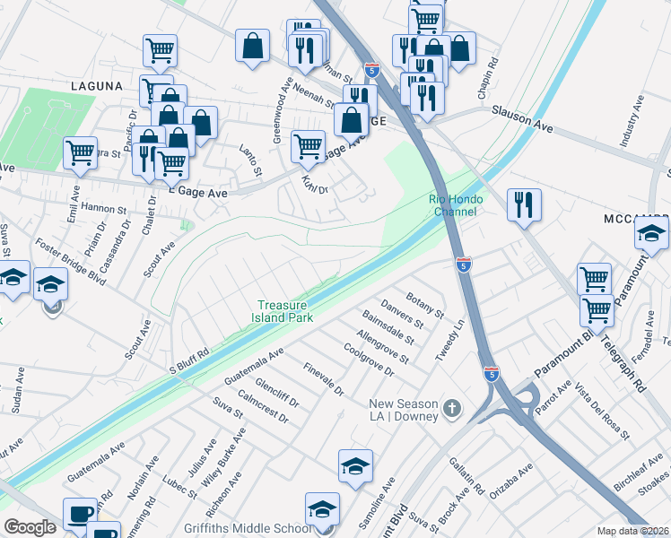 map of restaurants, bars, coffee shops, grocery stores, and more near 7310 South Bluff Road in Downey