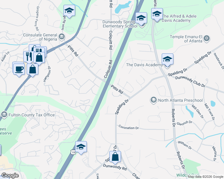 map of restaurants, bars, coffee shops, grocery stores, and more near 7790 Stratford Lane in Sandy Springs