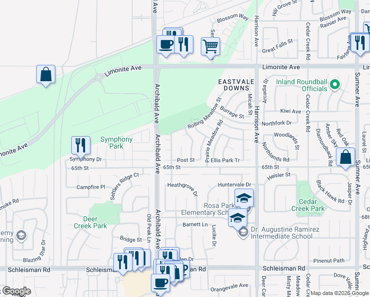 map of restaurants, bars, coffee shops, grocery stores, and more near 6524 Angels Camp Court in Corona