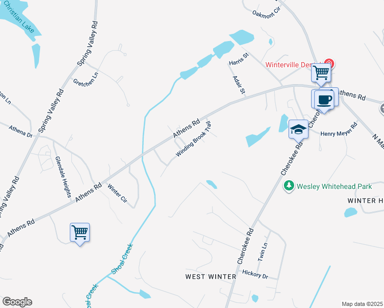 map of restaurants, bars, coffee shops, grocery stores, and more near 133 Winding Brook Trail in Winterville