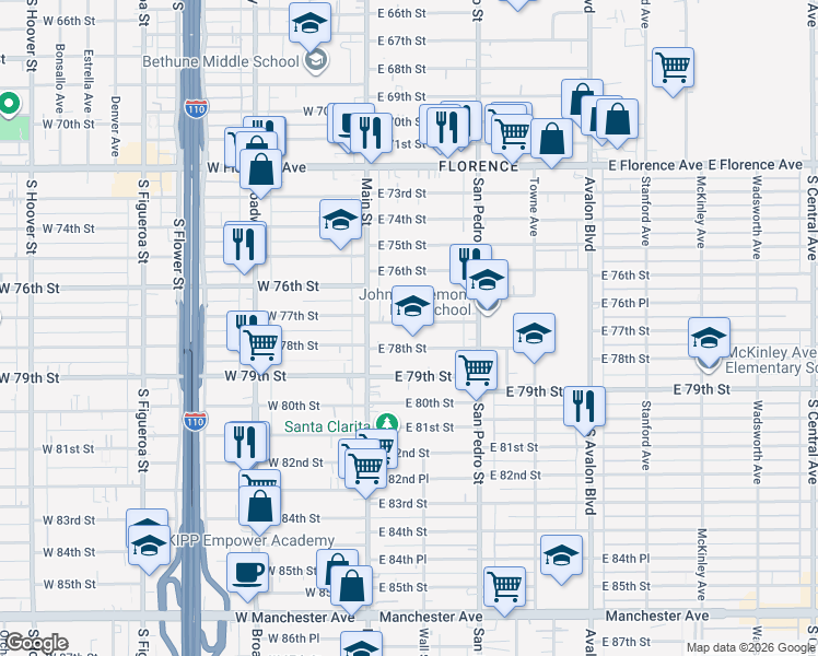 map of restaurants, bars, coffee shops, grocery stores, and more near 144 East 77th Street in Los Angeles