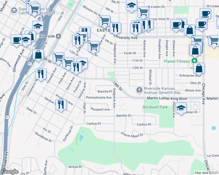 map of restaurants, bars, coffee shops, grocery stores, and more near 2428 Vasquez Place in Riverside