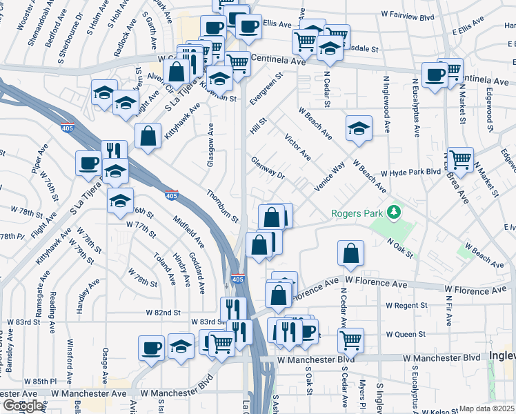 map of restaurants, bars, coffee shops, grocery stores, and more near 831 Austin Avenue in Inglewood