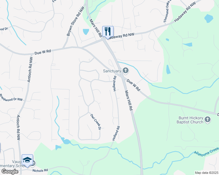 map of restaurants, bars, coffee shops, grocery stores, and more near 440 Holland Springs Drive Northwest in Powder Springs