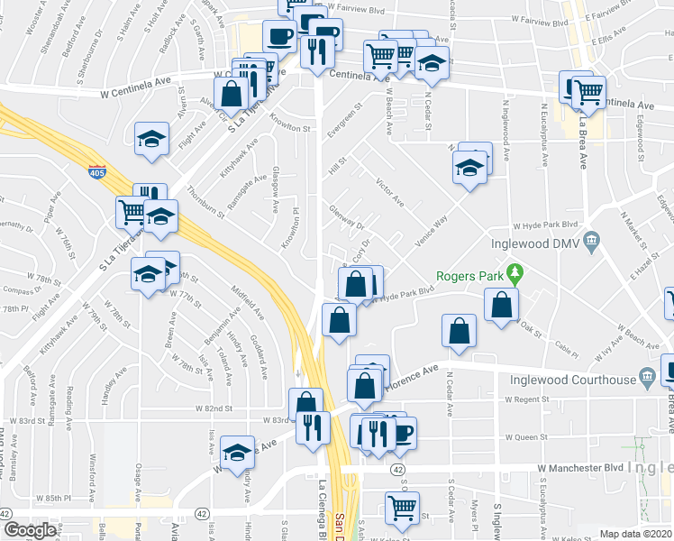 map of restaurants, bars, coffee shops, grocery stores, and more near 831 Austin Avenue in Inglewood