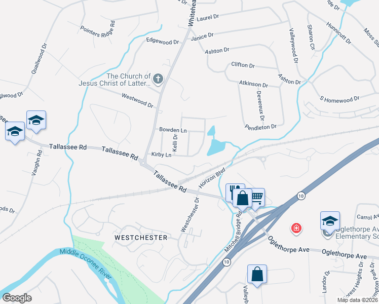map of restaurants, bars, coffee shops, grocery stores, and more near 180 Kirby Lane in Athens