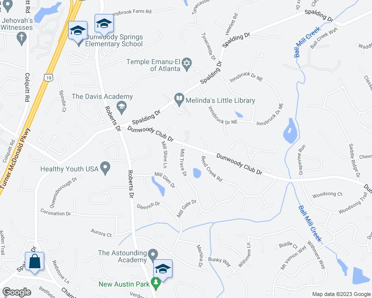 map of restaurants, bars, coffee shops, grocery stores, and more near 5720 Mill Trace Drive in Dunwoody