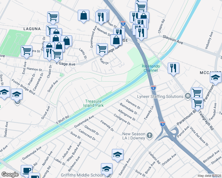 map of restaurants, bars, coffee shops, grocery stores, and more near 7315 South Bluff Road in Downey