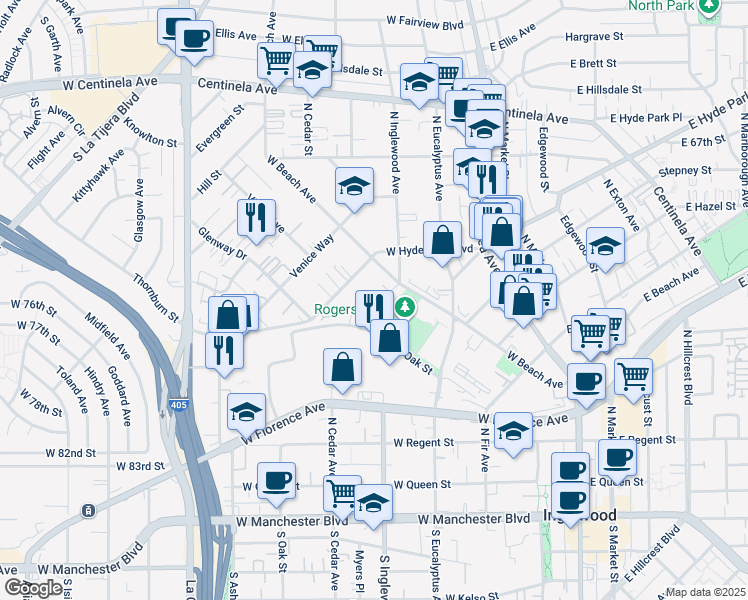 map of restaurants, bars, coffee shops, grocery stores, and more near 13 Pepper Court in Inglewood