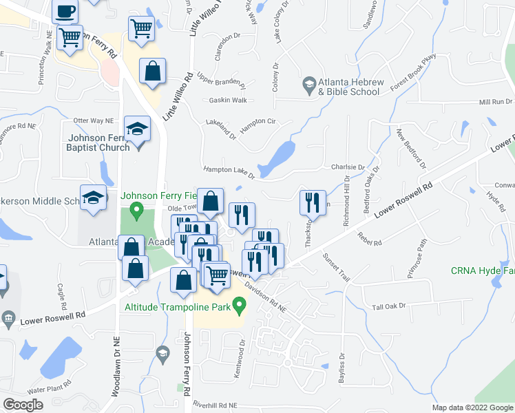 map of restaurants, bars, coffee shops, grocery stores, and more near 725 Olde Towne Lane in Marietta