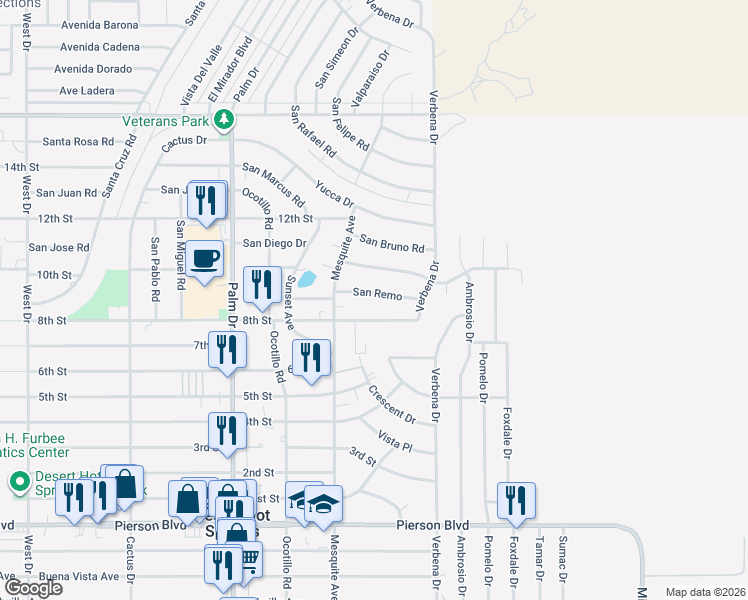 map of restaurants, bars, coffee shops, grocery stores, and more near 66855 San Remo in Desert Hot Springs