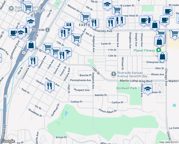 map of restaurants, bars, coffee shops, grocery stores, and more near 2428 Vasquez Place in Riverside
