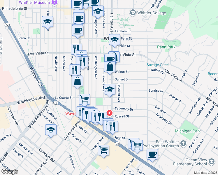 map of restaurants, bars, coffee shops, grocery stores, and more near 7934 Friends Avenue in Whittier