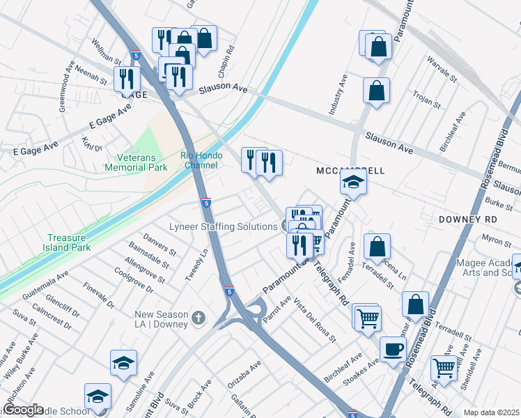 map of restaurants, bars, coffee shops, grocery stores, and more near 8427 Tweedy Lane in Downey