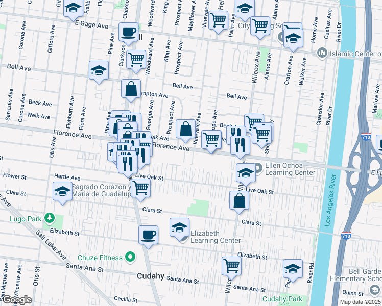 map of restaurants, bars, coffee shops, grocery stores, and more near 4800 Florence Avenue in Bell