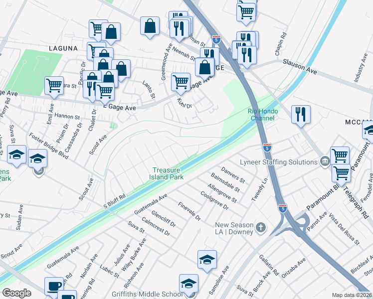 map of restaurants, bars, coffee shops, grocery stores, and more near 7322 Bairnsdale Street in Downey