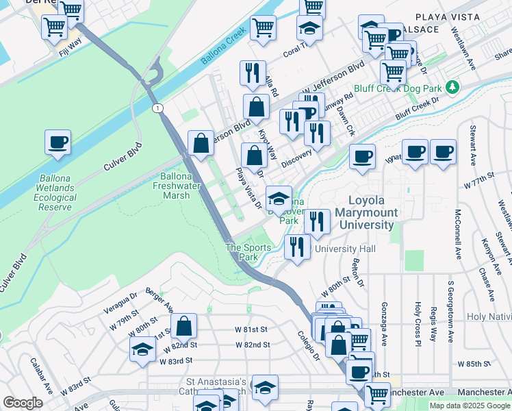 map of restaurants, bars, coffee shops, grocery stores, and more near 7101 Playa Vista Drive in Los Angeles