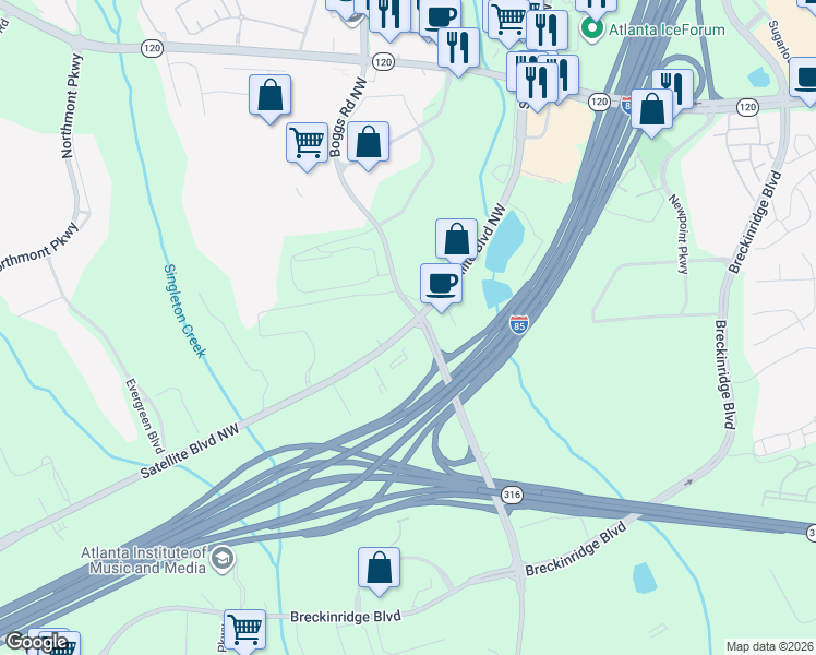 map of restaurants, bars, coffee shops, grocery stores, and more near Satellite Boulevard in Duluth