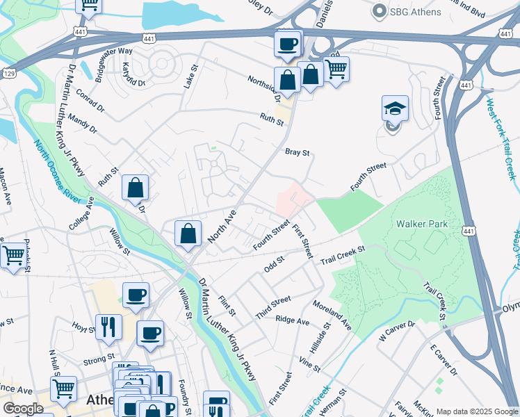 map of restaurants, bars, coffee shops, grocery stores, and more near 250 Strickland Avenue in Athens