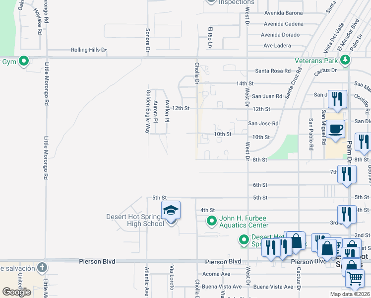 map of restaurants, bars, coffee shops, grocery stores, and more near Golden Eagle Way in Desert Hot Springs