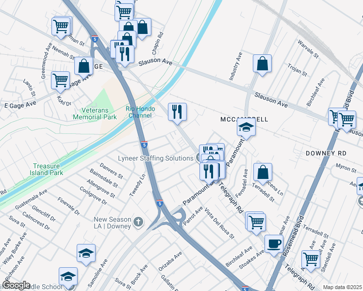 map of restaurants, bars, coffee shops, grocery stores, and more near 8427 Tweedy Lane in Downey