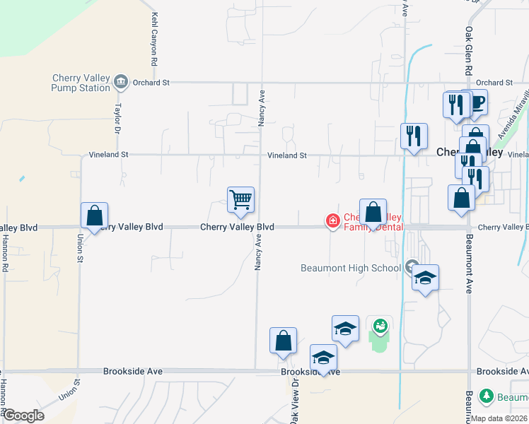 map of restaurants, bars, coffee shops, grocery stores, and more near 10456 Nancy Avenue in Cherry Valley