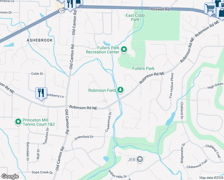 map of restaurants, bars, coffee shops, grocery stores, and more near 3262 Twisted Branches Lane Northeast in Marietta