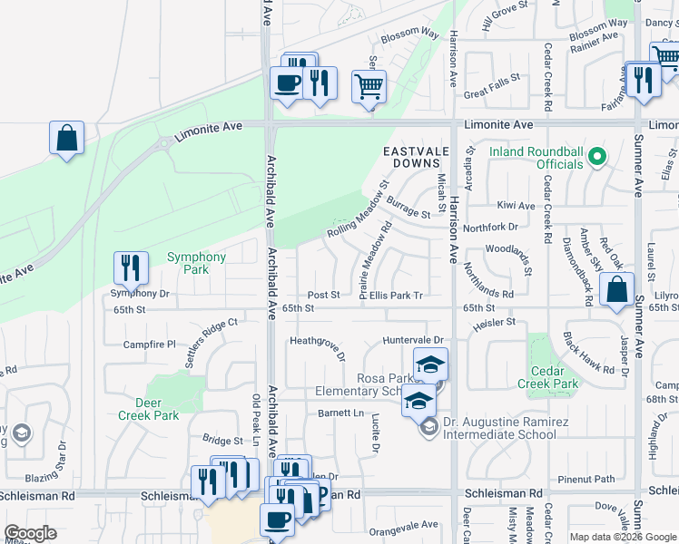 map of restaurants, bars, coffee shops, grocery stores, and more near 6522 Gold Dust Street in Eastvale