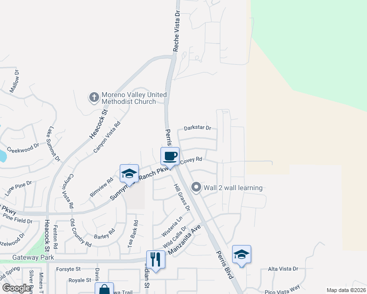 map of restaurants, bars, coffee shops, grocery stores, and more near 10451 Morning Ridge Drive in Moreno Valley