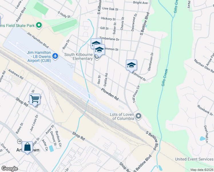 map of restaurants, bars, coffee shops, grocery stores, and more near 1527 Aralia Drive in Columbia