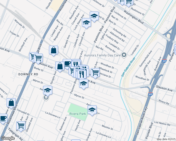 map of restaurants, bars, coffee shops, grocery stores, and more near 7701 Sage Drive in Pico Rivera