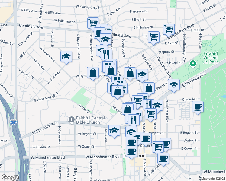 map of restaurants, bars, coffee shops, grocery stores, and more near 523 North La Brea Avenue in Inglewood