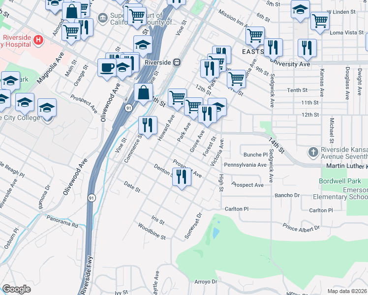 map of restaurants, bars, coffee shops, grocery stores, and more near 2808 Pleasant Street in Riverside