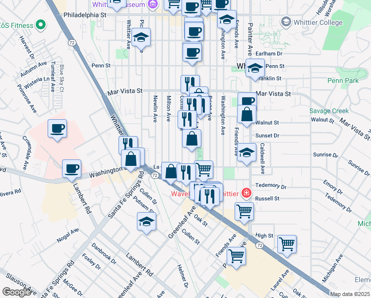 map of restaurants, bars, coffee shops, grocery stores, and more near 7935 Greenleaf Avenue in Whittier