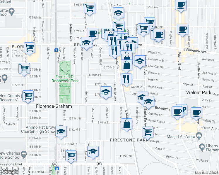map of restaurants, bars, coffee shops, grocery stores, and more near 2029 East 78th Street in Los Angeles