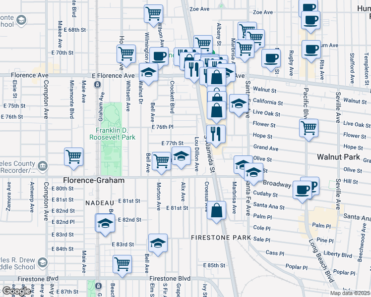 map of restaurants, bars, coffee shops, grocery stores, and more near 2029 East 78th Street in Los Angeles