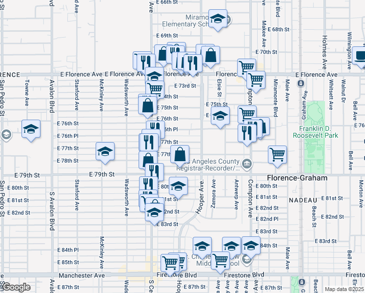 map of restaurants, bars, coffee shops, grocery stores, and more near 1209 East 77th Place in Los Angeles