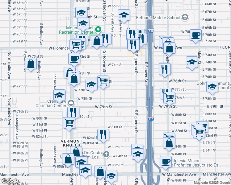 map of restaurants, bars, coffee shops, grocery stores, and more near 701 West 78th Street in Los Angeles