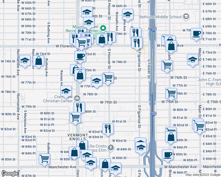 map of restaurants, bars, coffee shops, grocery stores, and more near 7718 South Hoover Street in Los Angeles