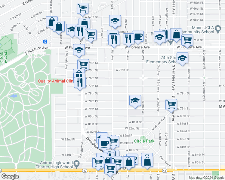 map of restaurants, bars, coffee shops, grocery stores, and more near 3016 West 78th Street in Inglewood