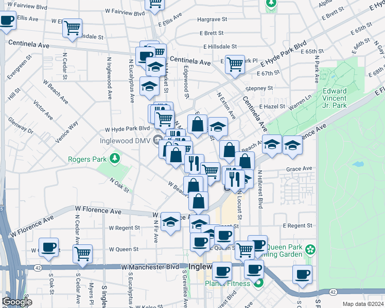 map of restaurants, bars, coffee shops, grocery stores, and more near 421 North Market Street in Inglewood