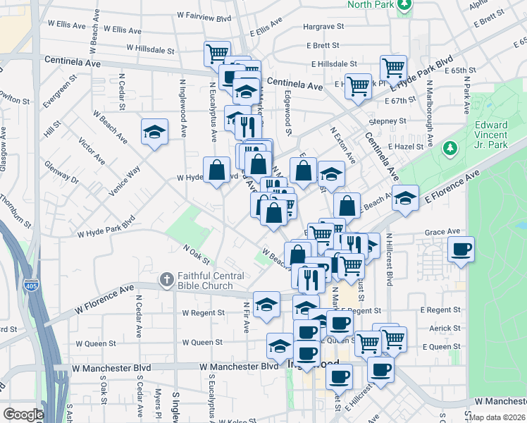 map of restaurants, bars, coffee shops, grocery stores, and more near 103 West Hazel Street in Inglewood