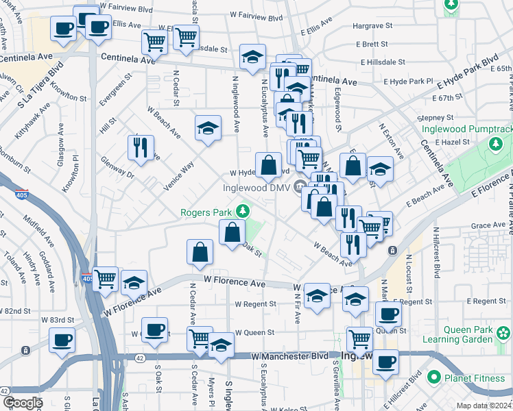 map of restaurants, bars, coffee shops, grocery stores, and more near 534 West Beach Avenue in Inglewood