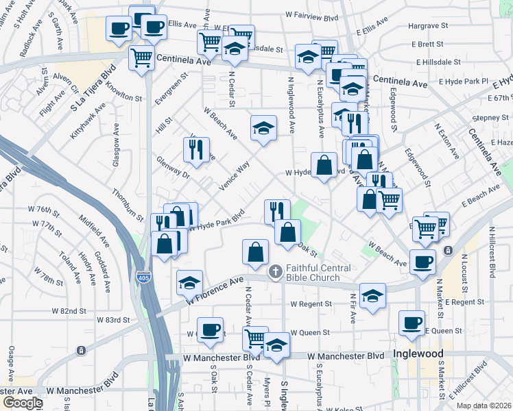 map of restaurants, bars, coffee shops, grocery stores, and more near 608 West Hyde Park Boulevard in Inglewood