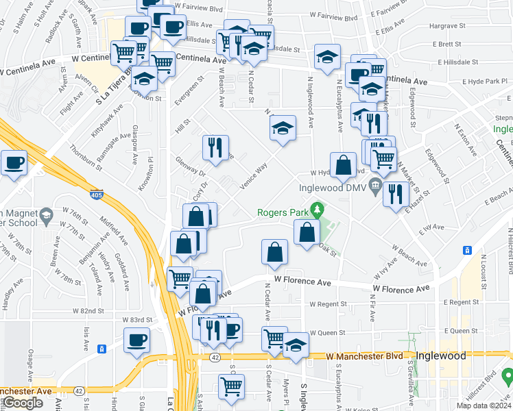 map of restaurants, bars, coffee shops, grocery stores, and more near 701 Glenway Drive in Inglewood